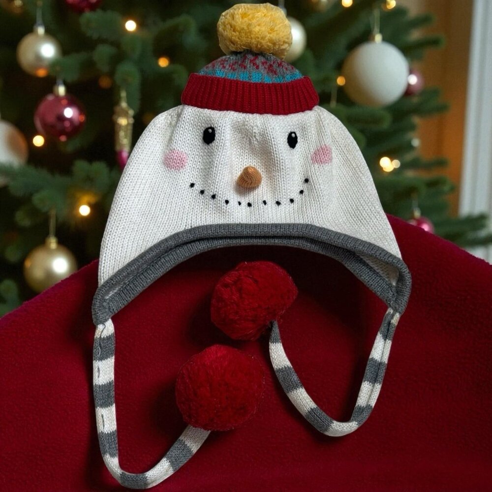 Neiman Marcus Snowman Tassle Pom Pom Beanie Holiday‎ Christmas Cozy 6mo-1yr